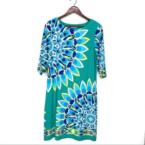 Sandra Darren Teal Green Blue Multi Floral 3/4 Sleeve Shift Dress Size Small